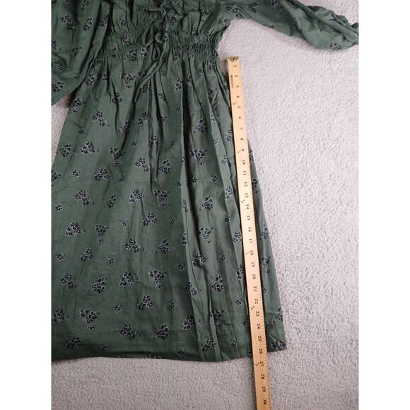 Universal Thread Dress Women XS Green Pattern Puff Sleeve Midi Pockets Linen NWT - Picture 6 of 10